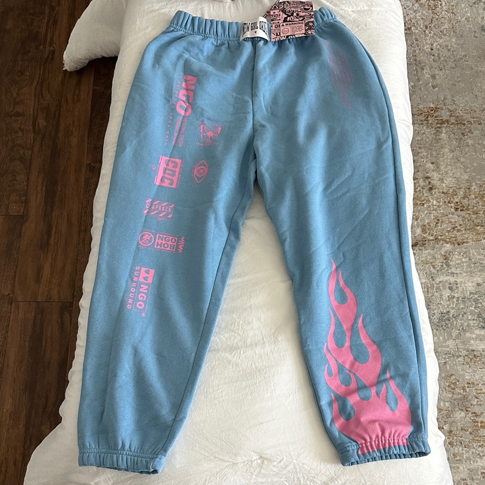Women’s Blue Joggers with Pink Flame Design